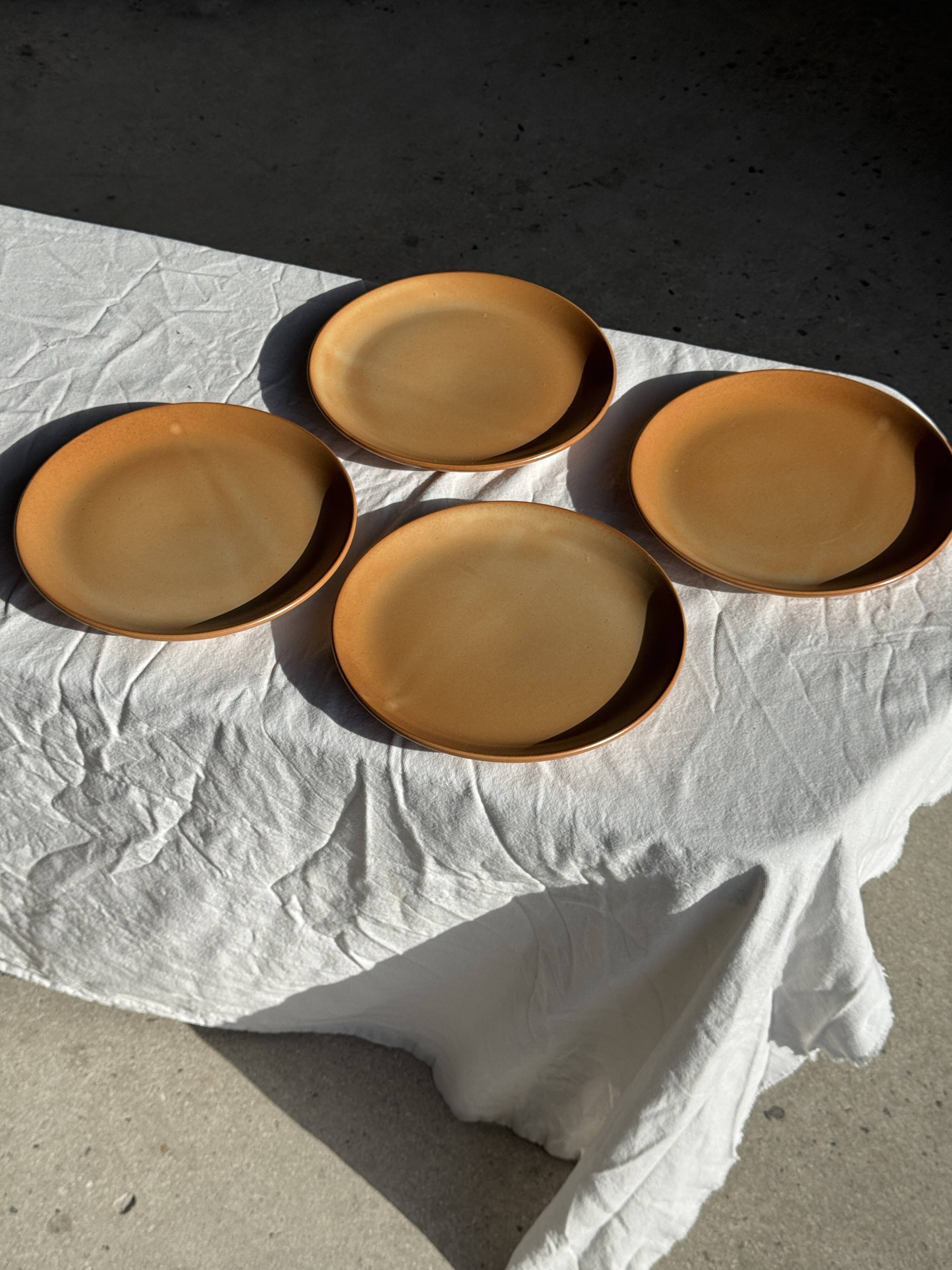 Set of 4 flat dinner plates in stoneware, no brand underneath.