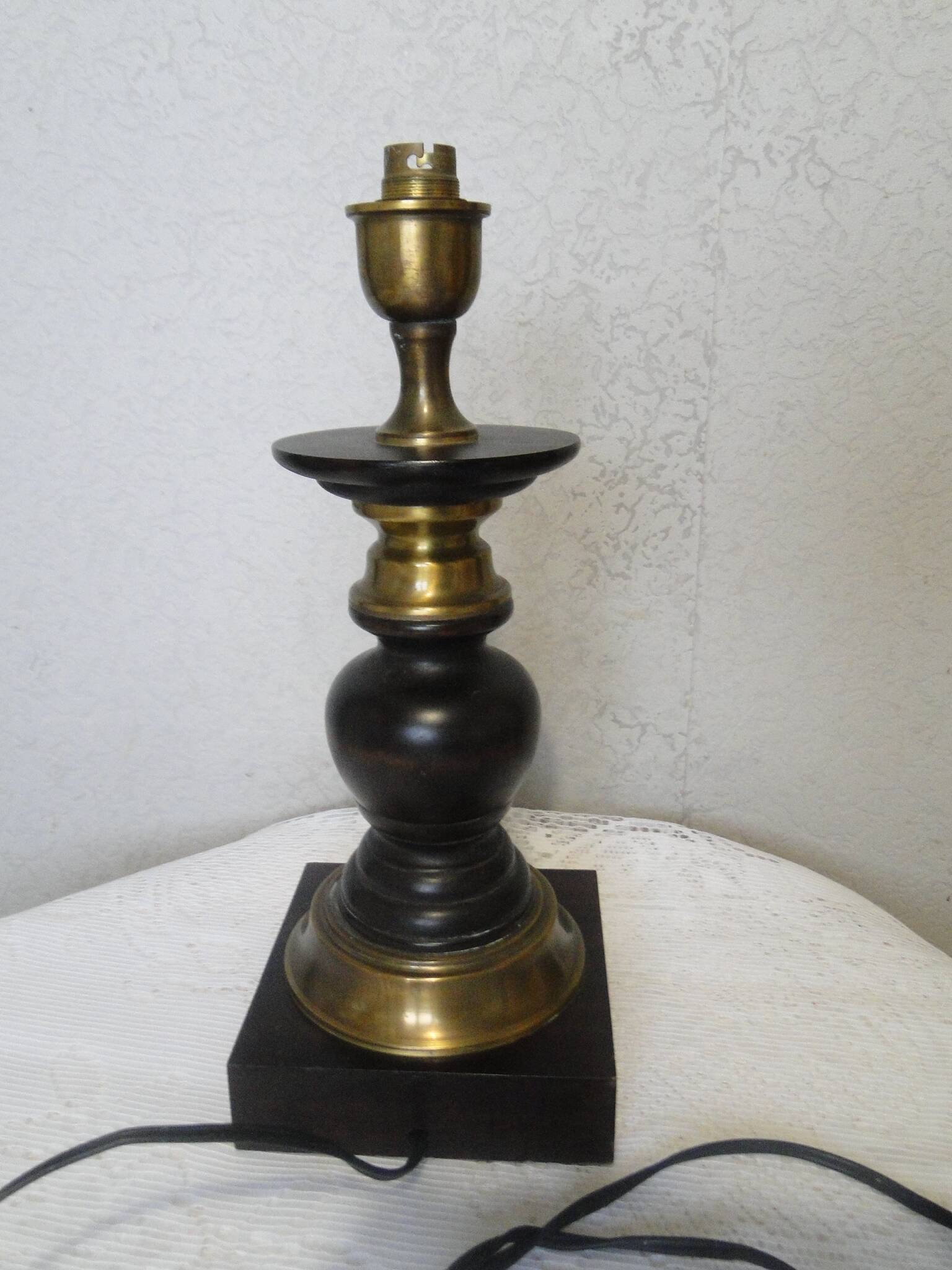Large wood and brass table lamp stand on square base