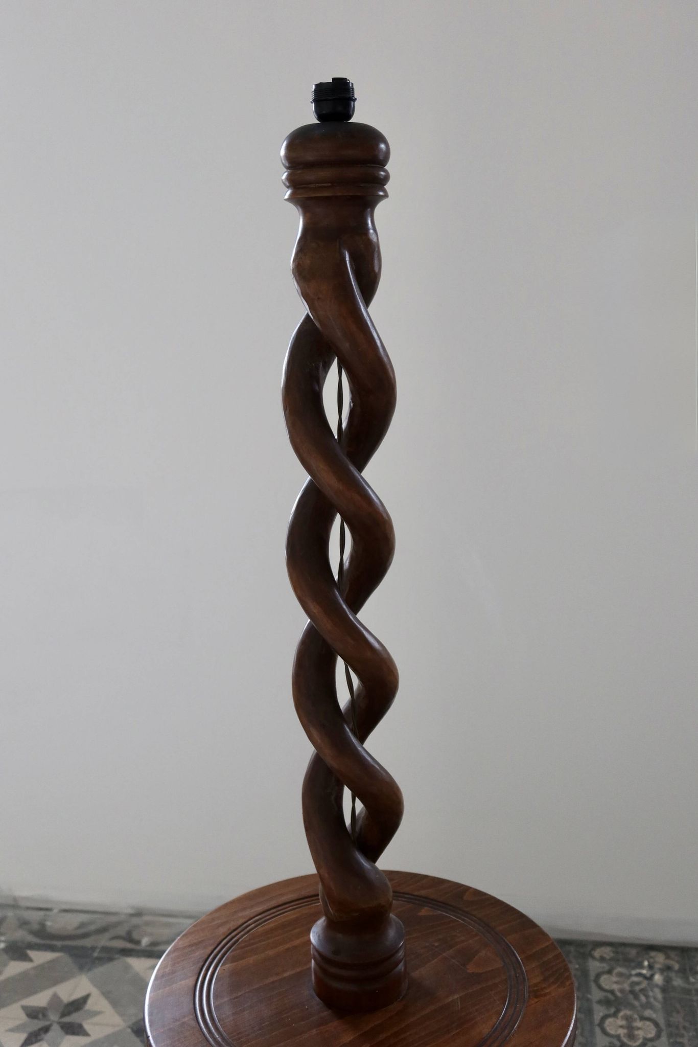 Vintage twisted turned wooden lamp base with shelf.
