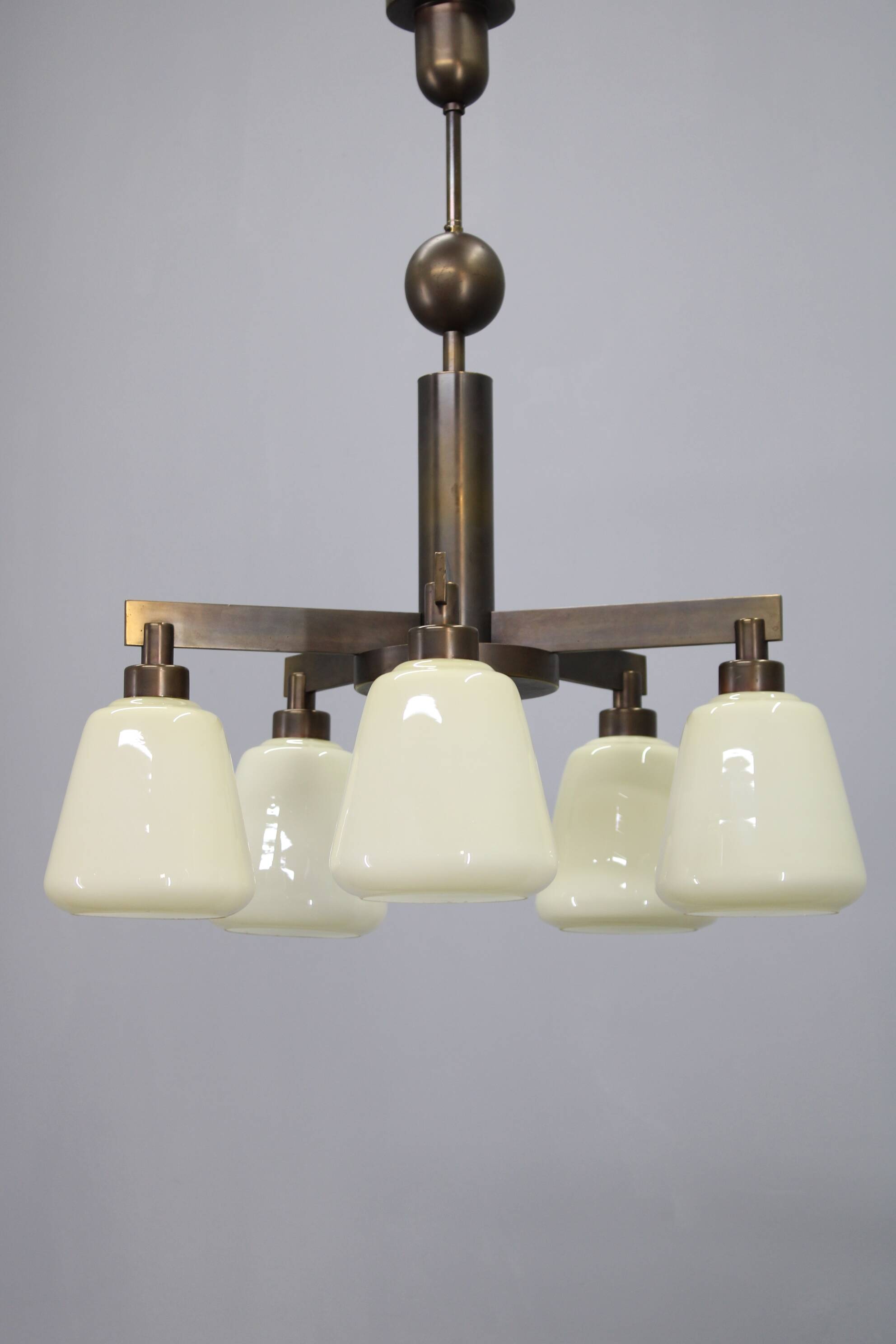 1930s Art Deco Brass Chandelier, Czechoslovakia