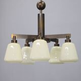 1930s Art Deco Brass Chandelier, Czechoslovakia