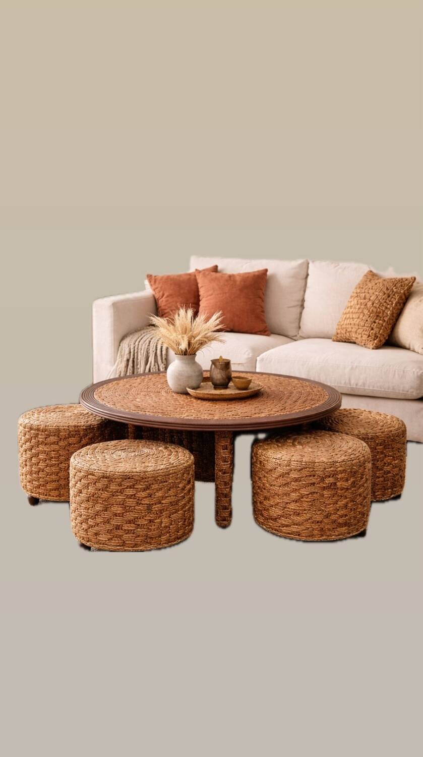 Coffee table and 4 stools in the style of Audoux & Minet.