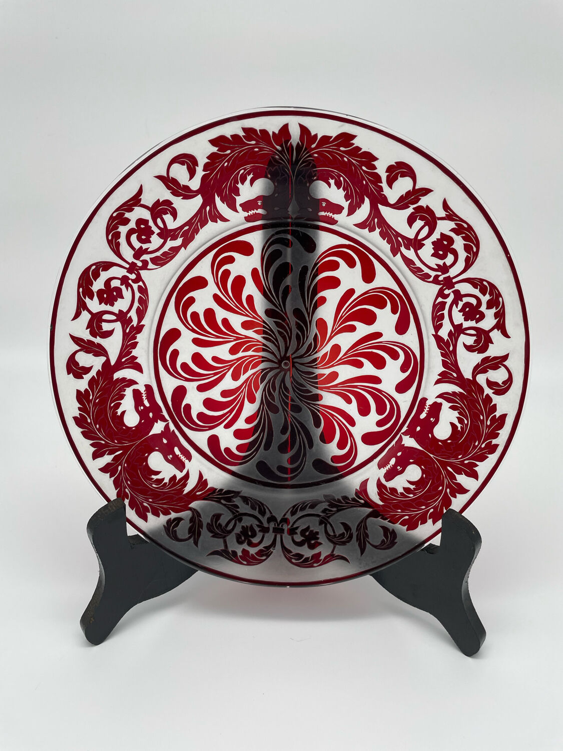 Red cut crystal plate dragon floral pattern