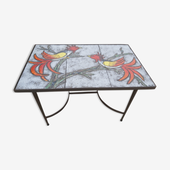 Coffee table ceramic tiles cockfight signed