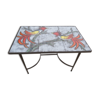 Coffee table ceramic tiles cockfight signed