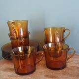 Duralex tea set, 6 large amber glass cups and saucers