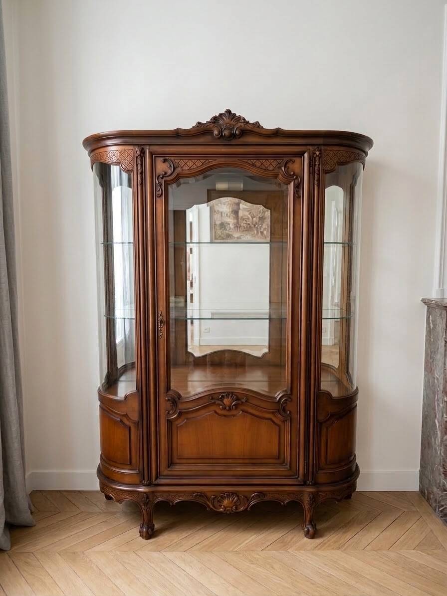 Louis XV display cabinet ensemble in solid brown wood.