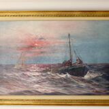 1950's Large Swedish Mid-Century Oil On Canvas " Sailing at Sunset " by Johan Ossian Andersson