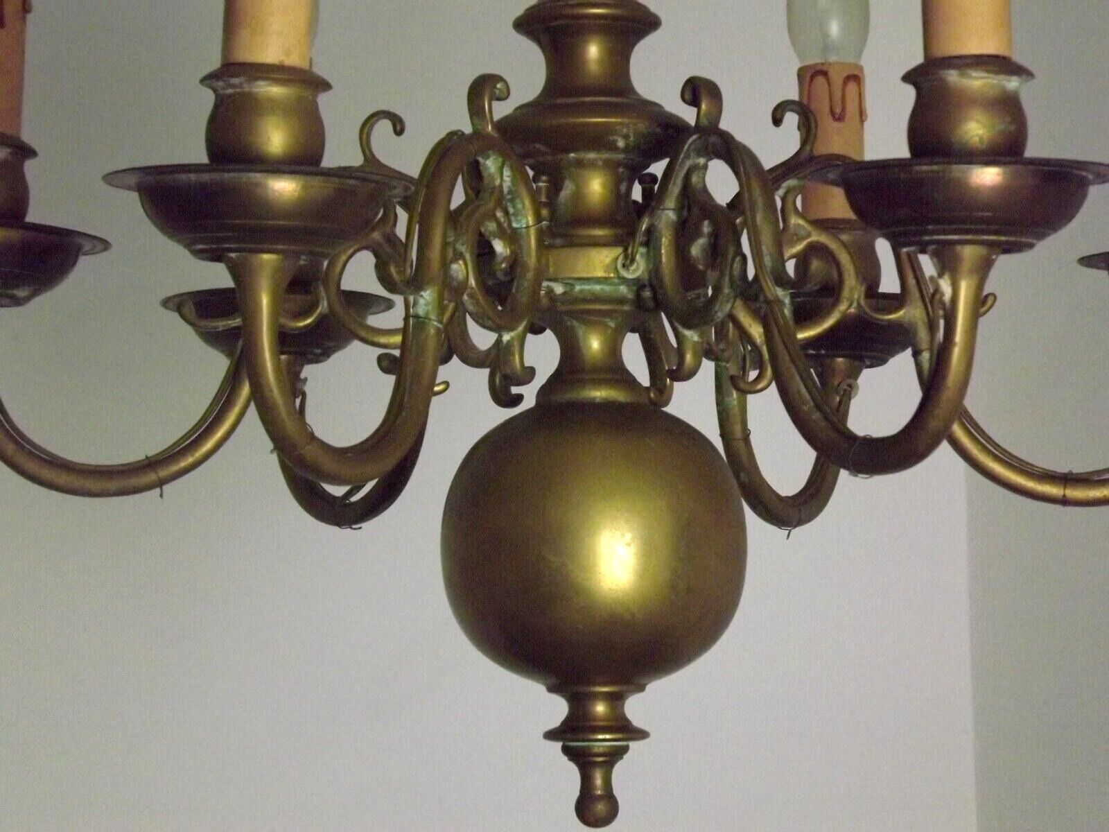 Vintage French 6 Light Heavy Brass Flemish Style Chandelier Card Drips 4050