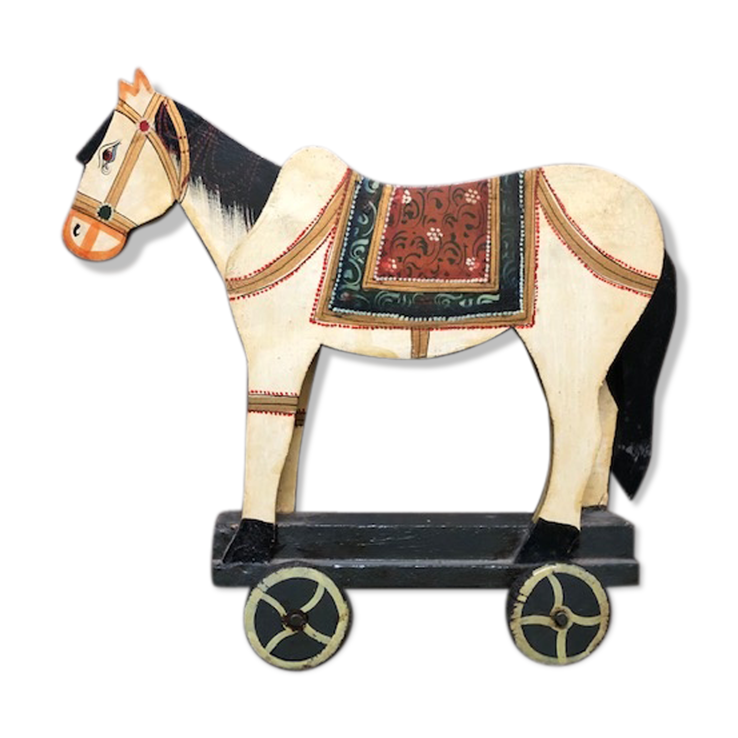 Jouet ancien en bois cheval à roulettes