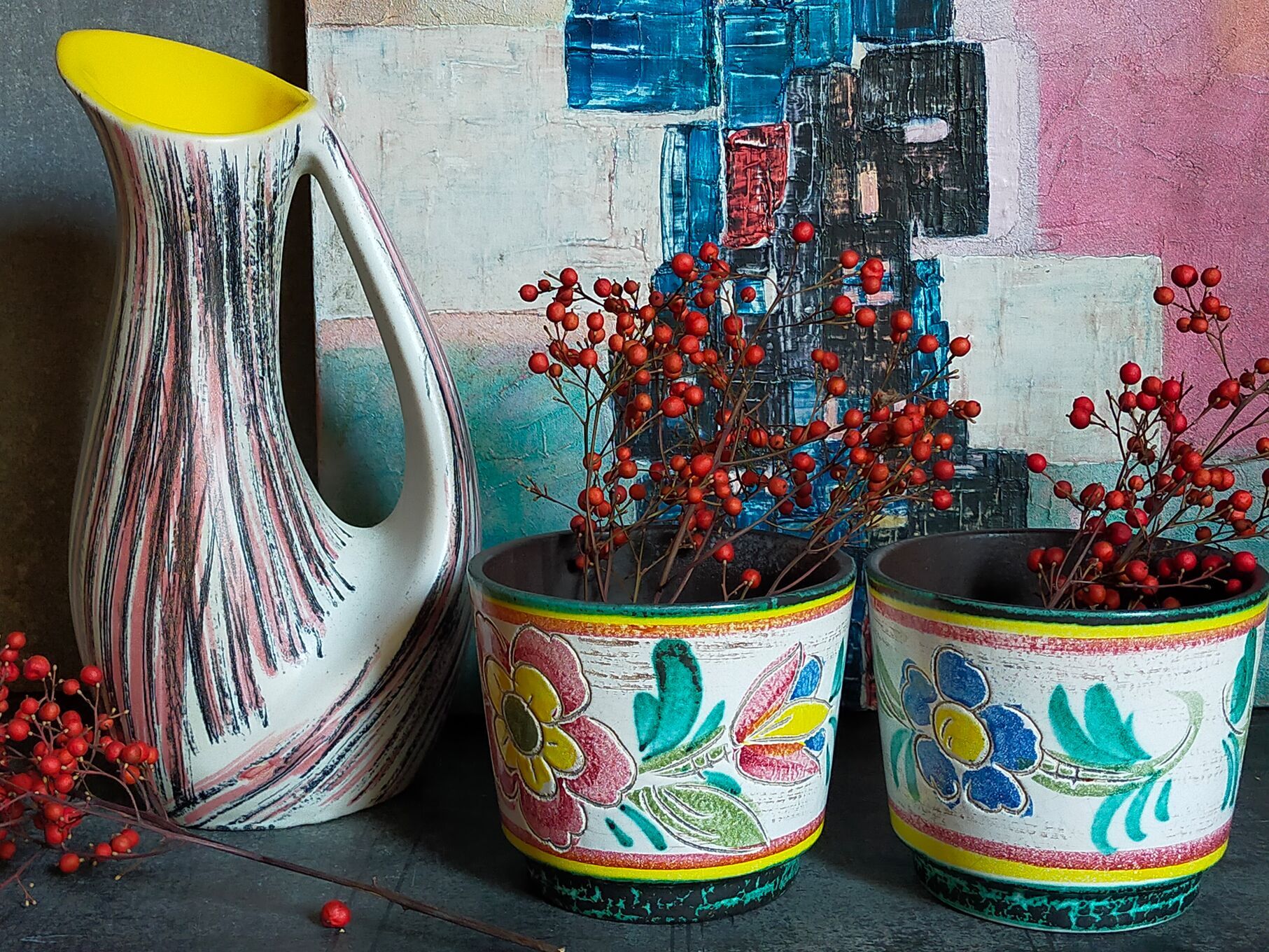 Free-form ceramic vase by R. Dupanier with abstract decoration from the 50s