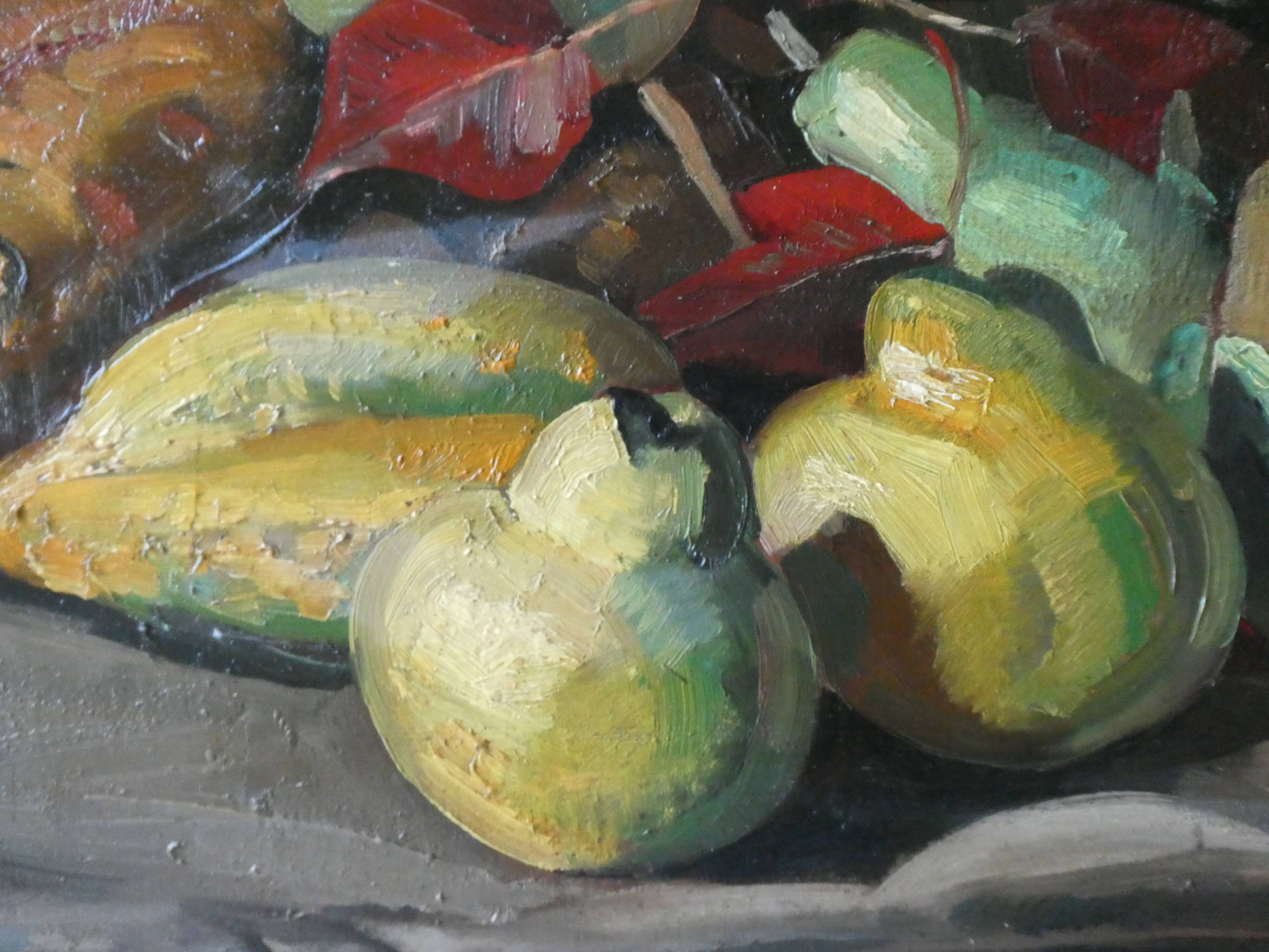 Oil on panel, still life with fruit, signed, 1930s