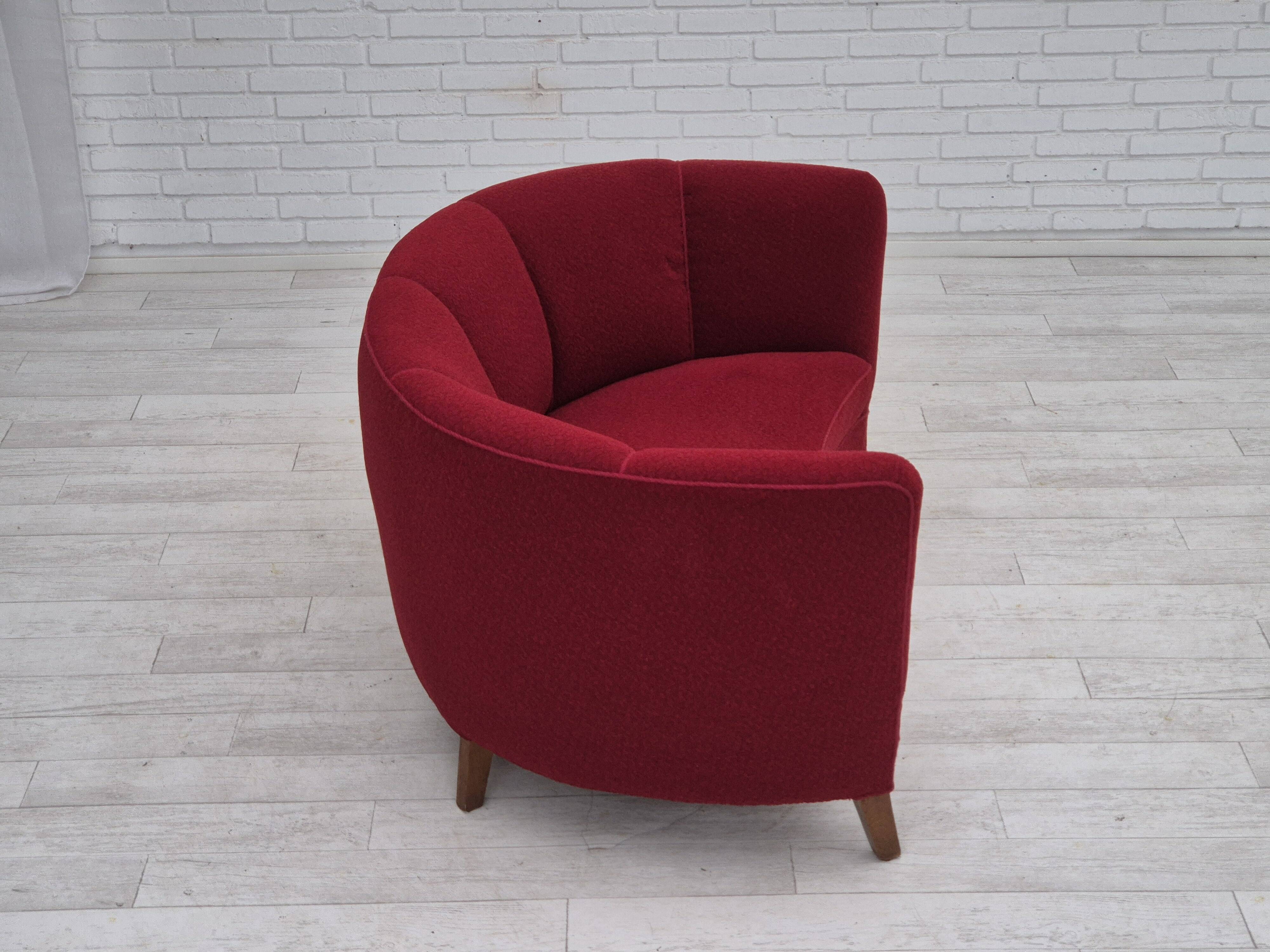 1960s, Danish 2-seater curved sofa, original red furniture fabric.