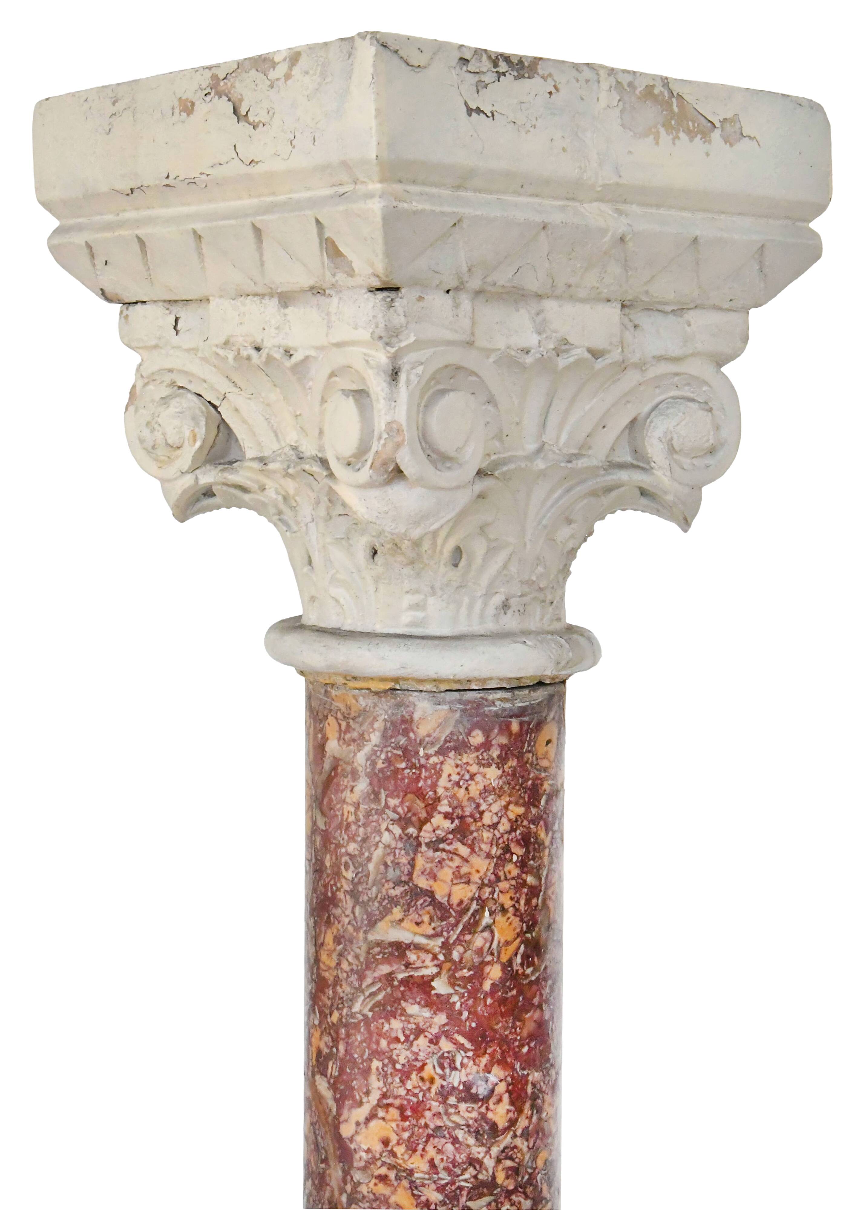 Pair of Brocatelle marble columns and stone with Corinthian capitals.