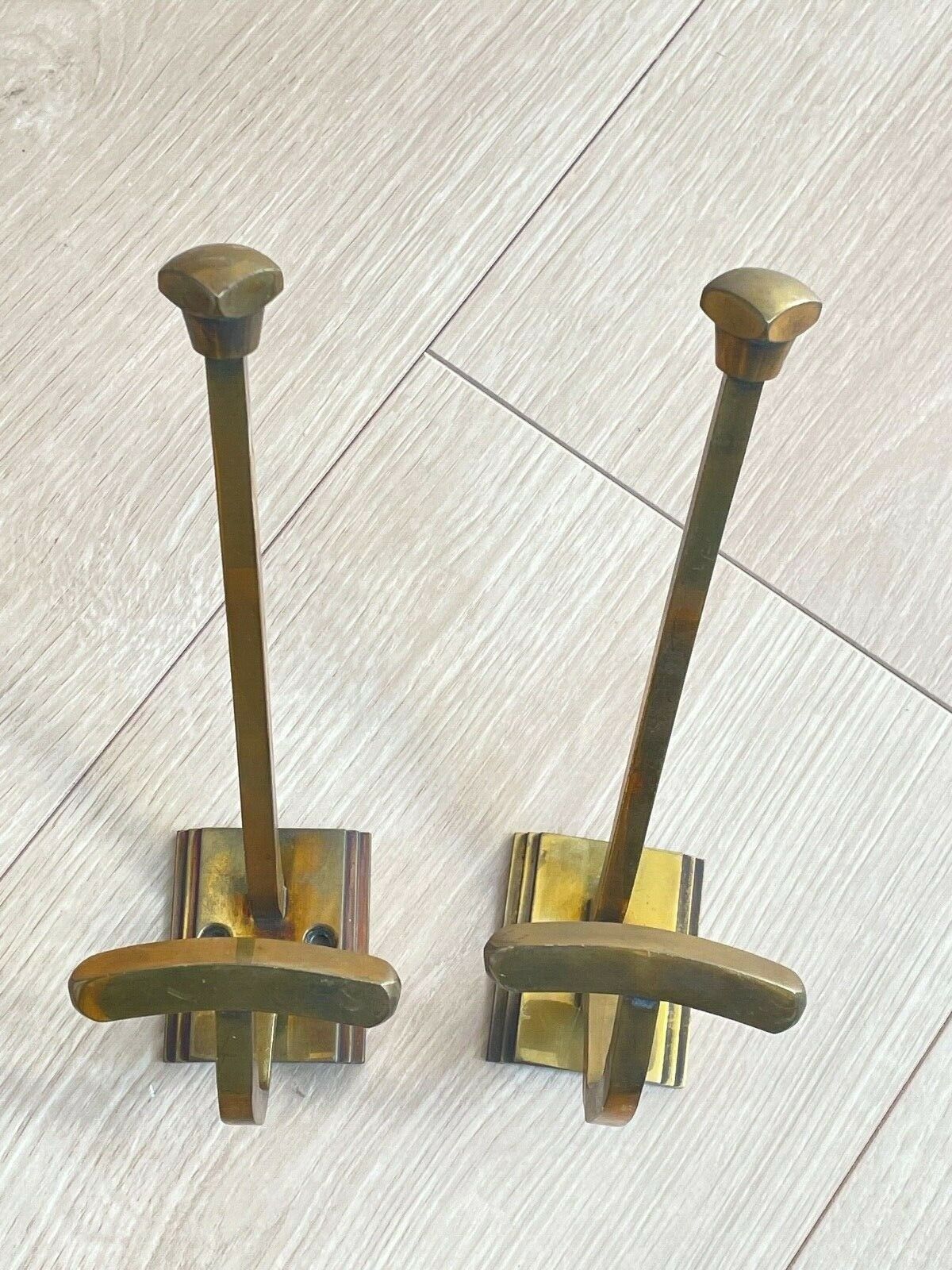 Pair of old brass hook metal gold art deco coat holder