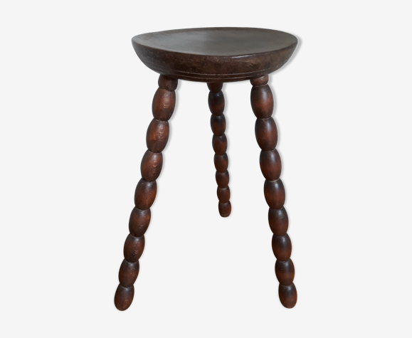 Tabouret tripode bois massif tourné façon bobine
