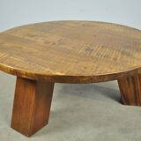 BRUTALIST / massive oak round coffee table / 1970s