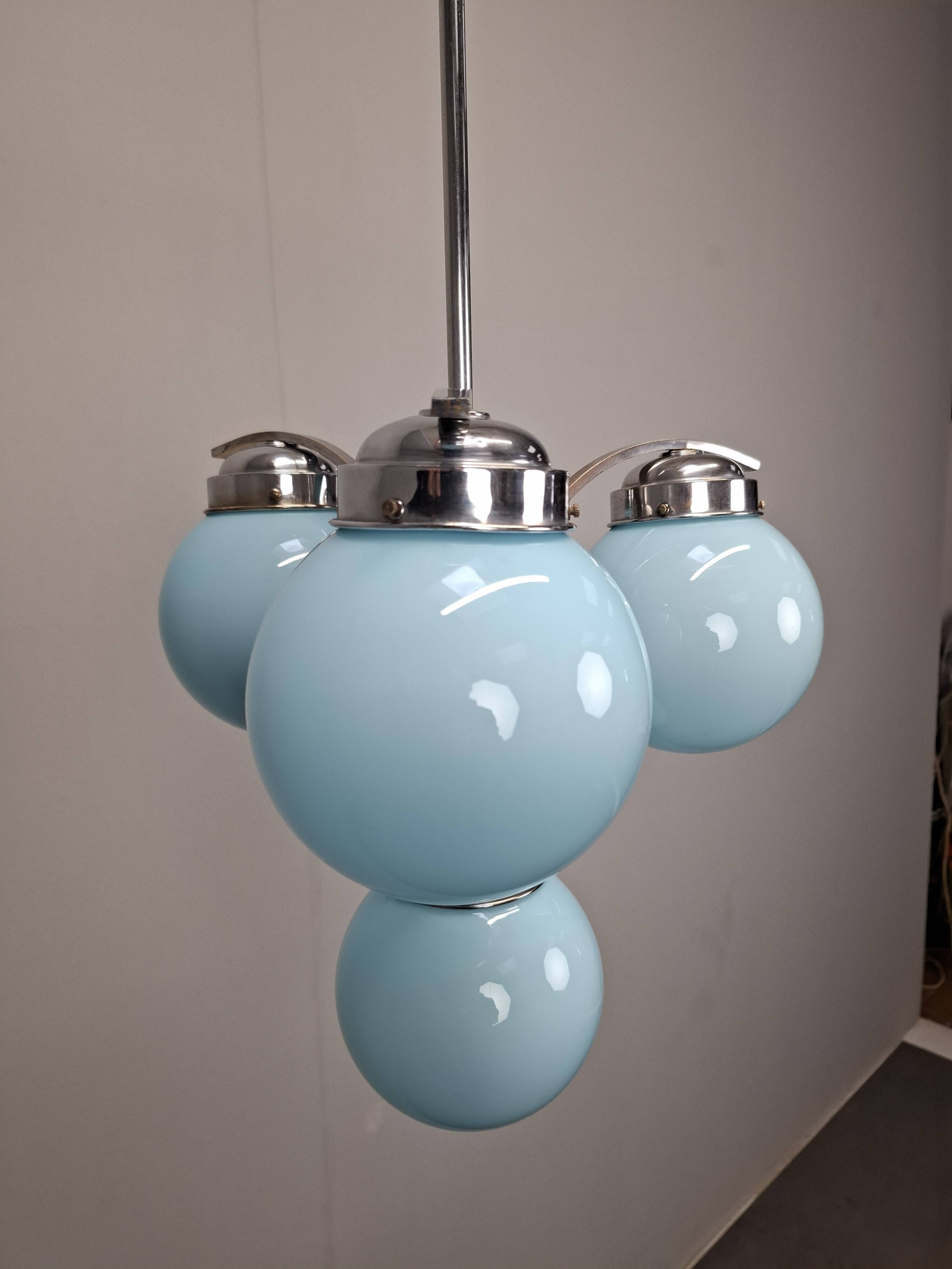 1930s Czech Art Deco Blue Opaline Glass and Chrome Four-Light Chandelier