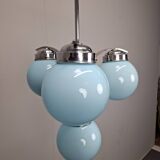 1930s Czech Art Deco Blue Opaline Glass and Chrome Four-Light Chandelier