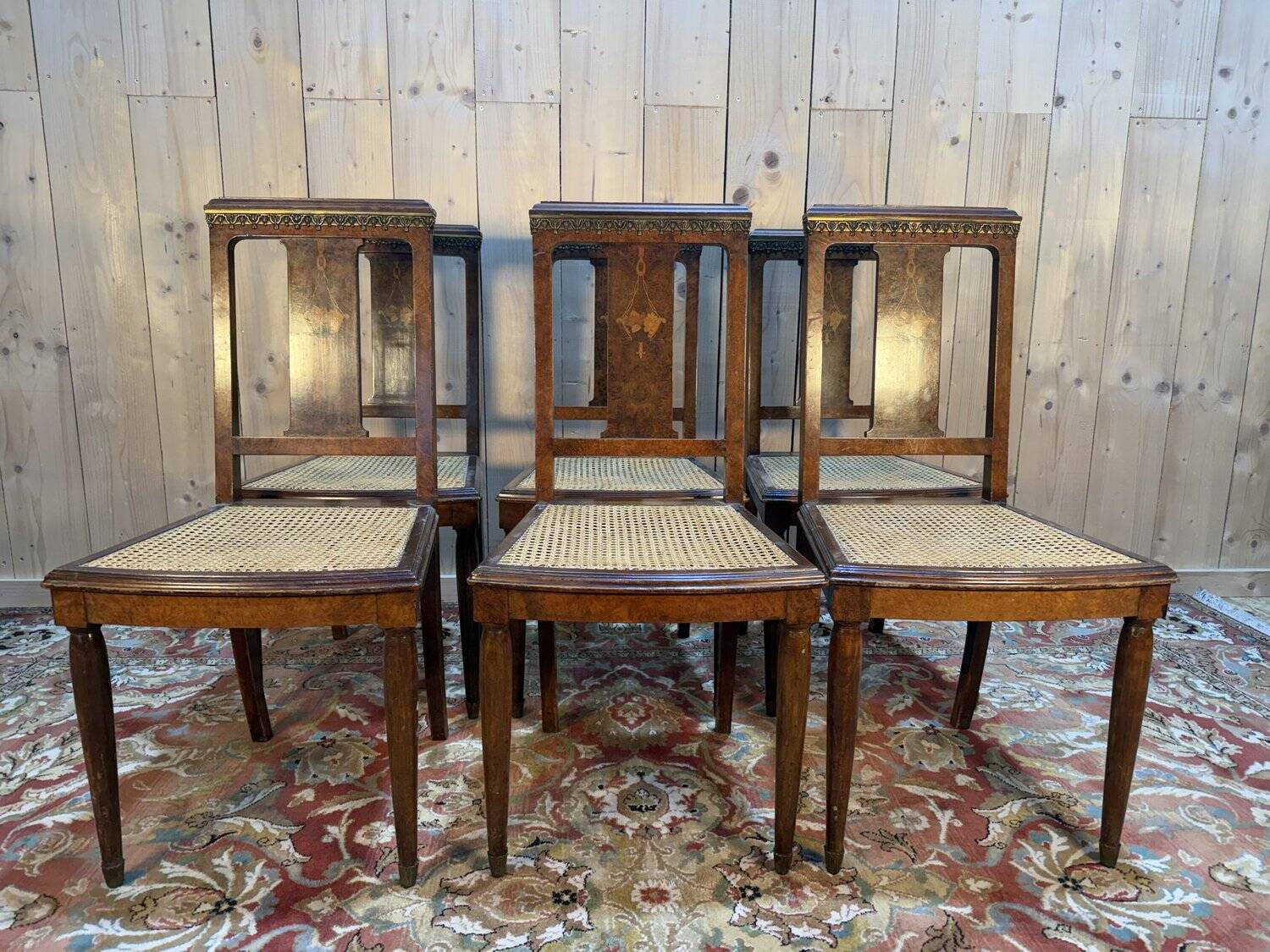 Set of 6 Art Deco chairs in marquetry and caning.