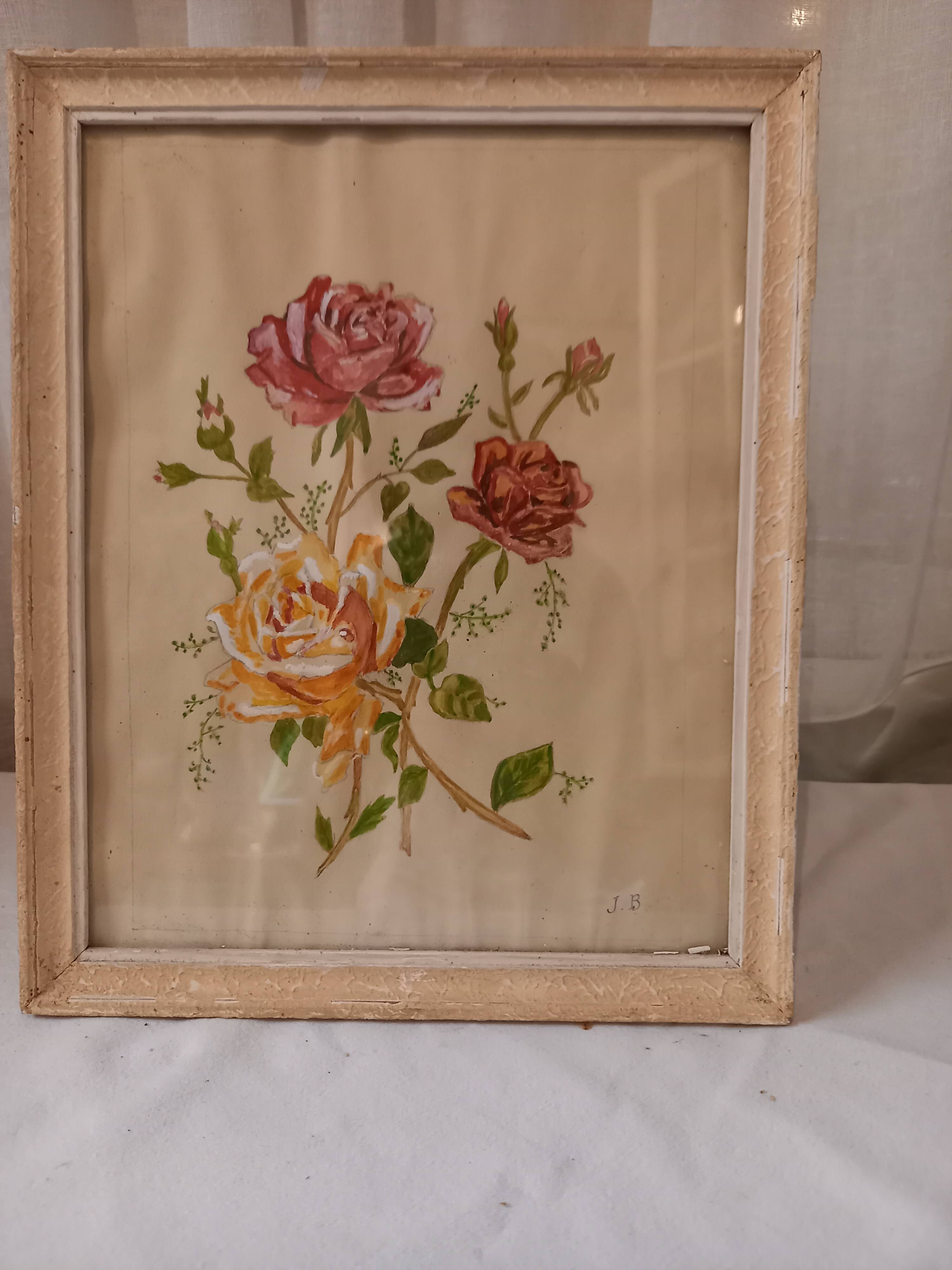 Old painting, gouache on paper, floral composition with roses, framed, under glass