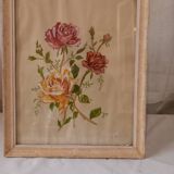 Tableau ancien, gouache sur papier, composition florale avec roses, encadré, sous verre