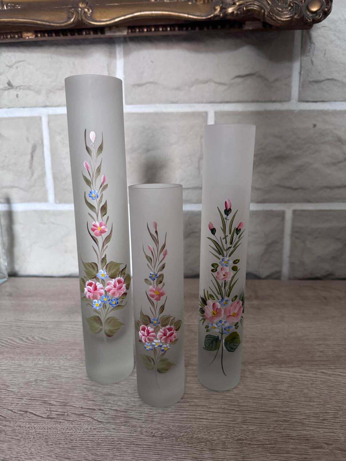 Set of 3 Hand Painted Frosted Glass Vases - Vintage Floral Style