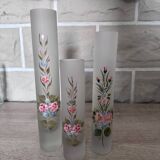 Set of 3 Hand Painted Frosted Glass Vases - Vintage Floral Style