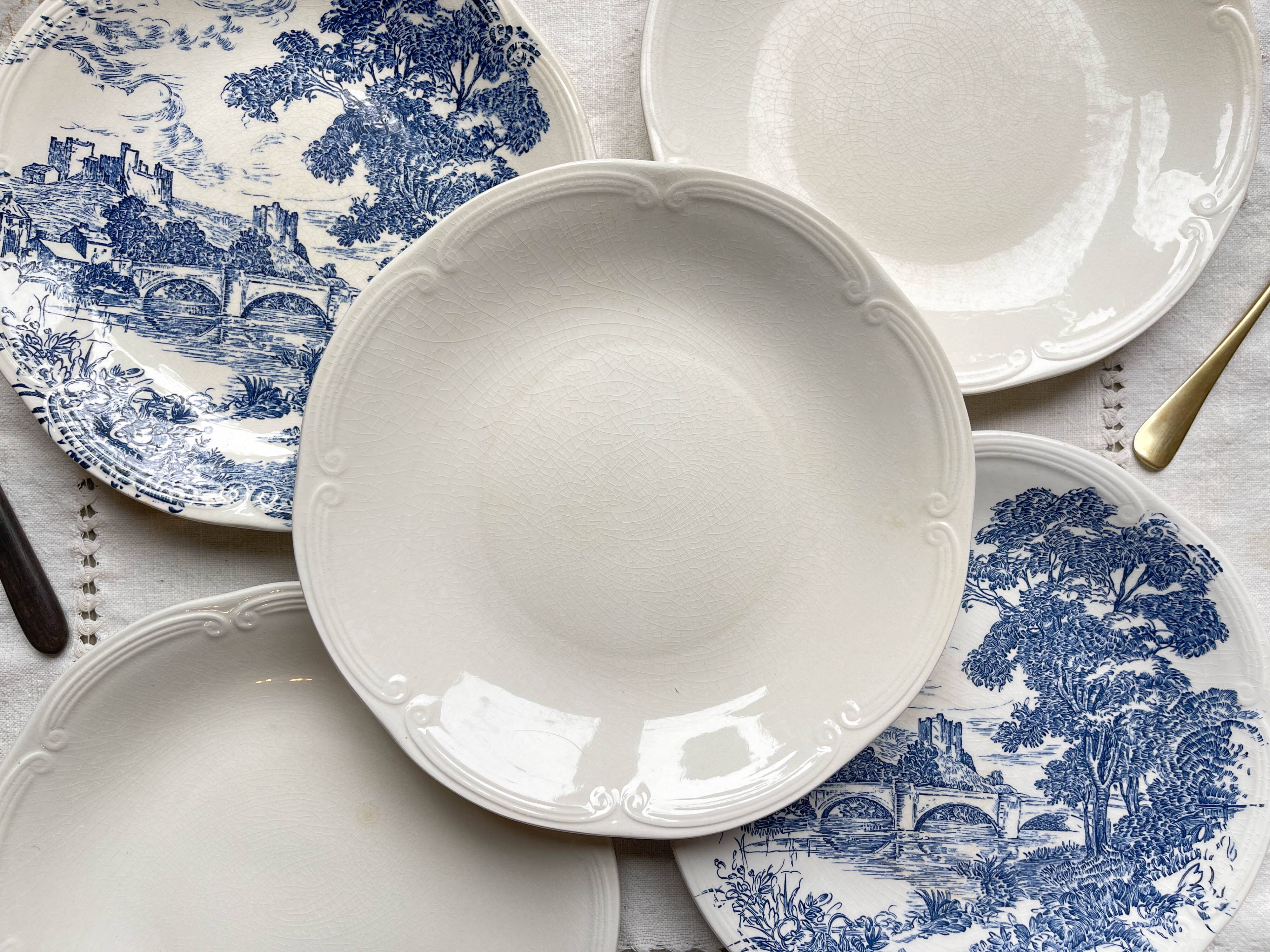 5 vintage Gien earthenware plates from France, mismatched, vintage blue pattern