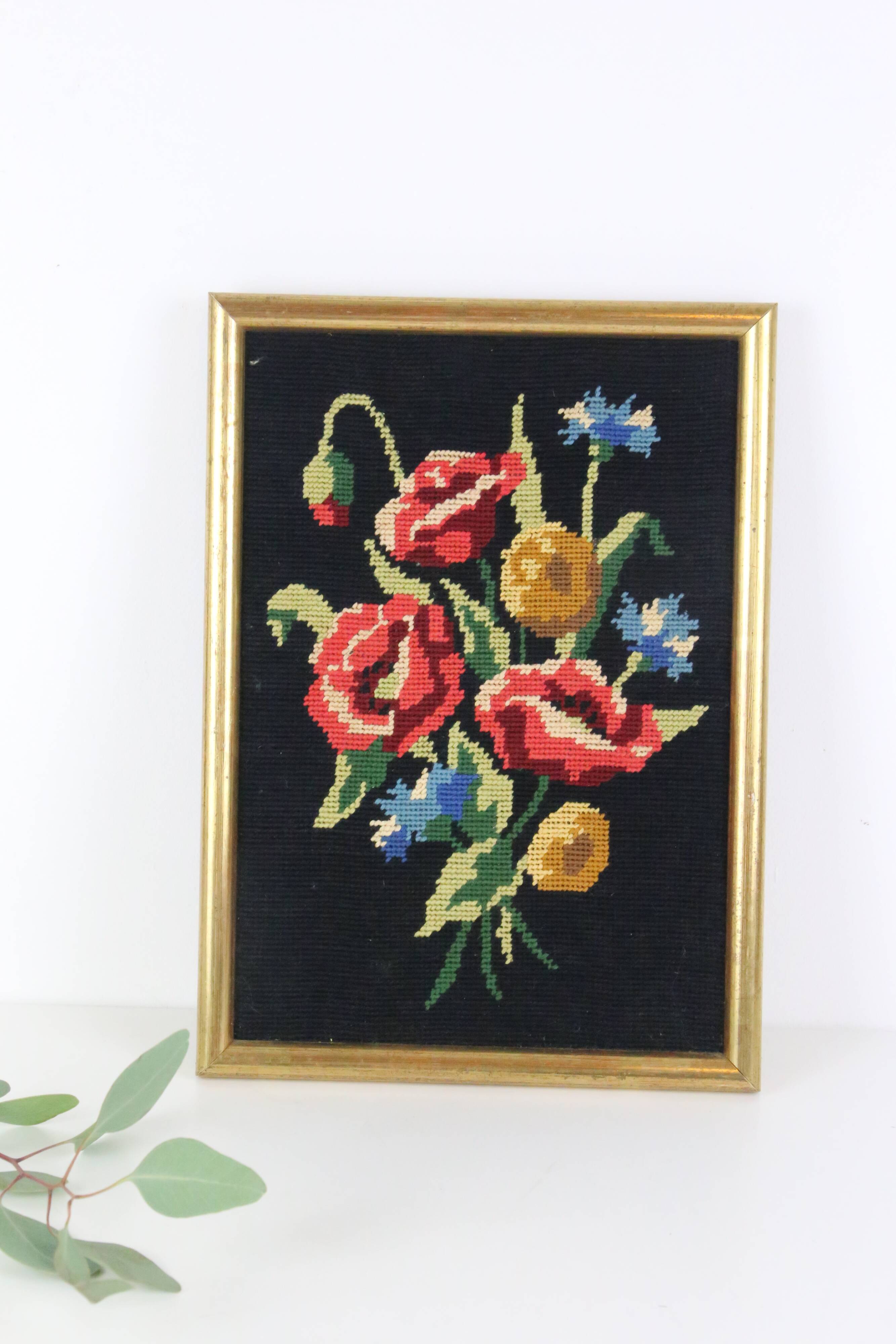 canvas bouquet of flowers in cross stitch, wall painting, vintage