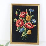canvas bouquet of flowers in cross stitch, wall painting, vintage