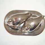 Salt and pepper shaker on silver metal tray in the shape of a duck art deco style