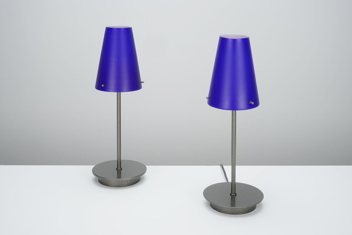 Pair of postmodern lamps in glass and metal circa 1980