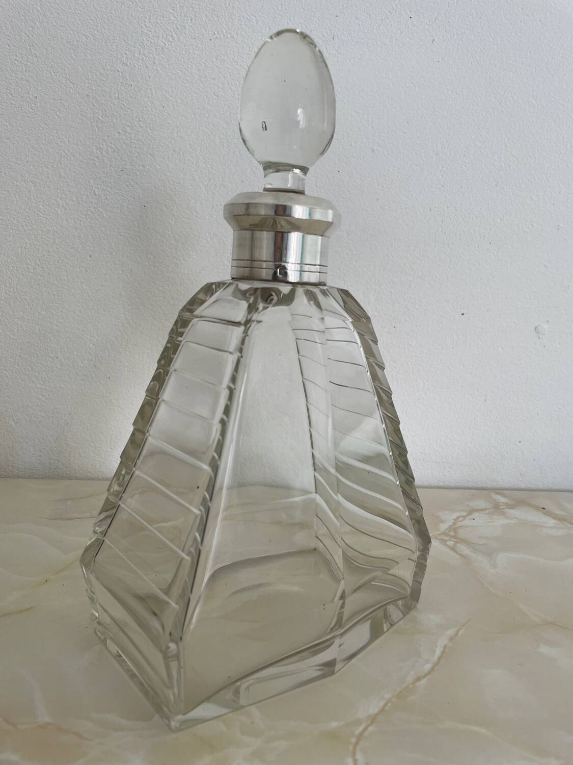 Art Deco crystal carafe with solid silver neck