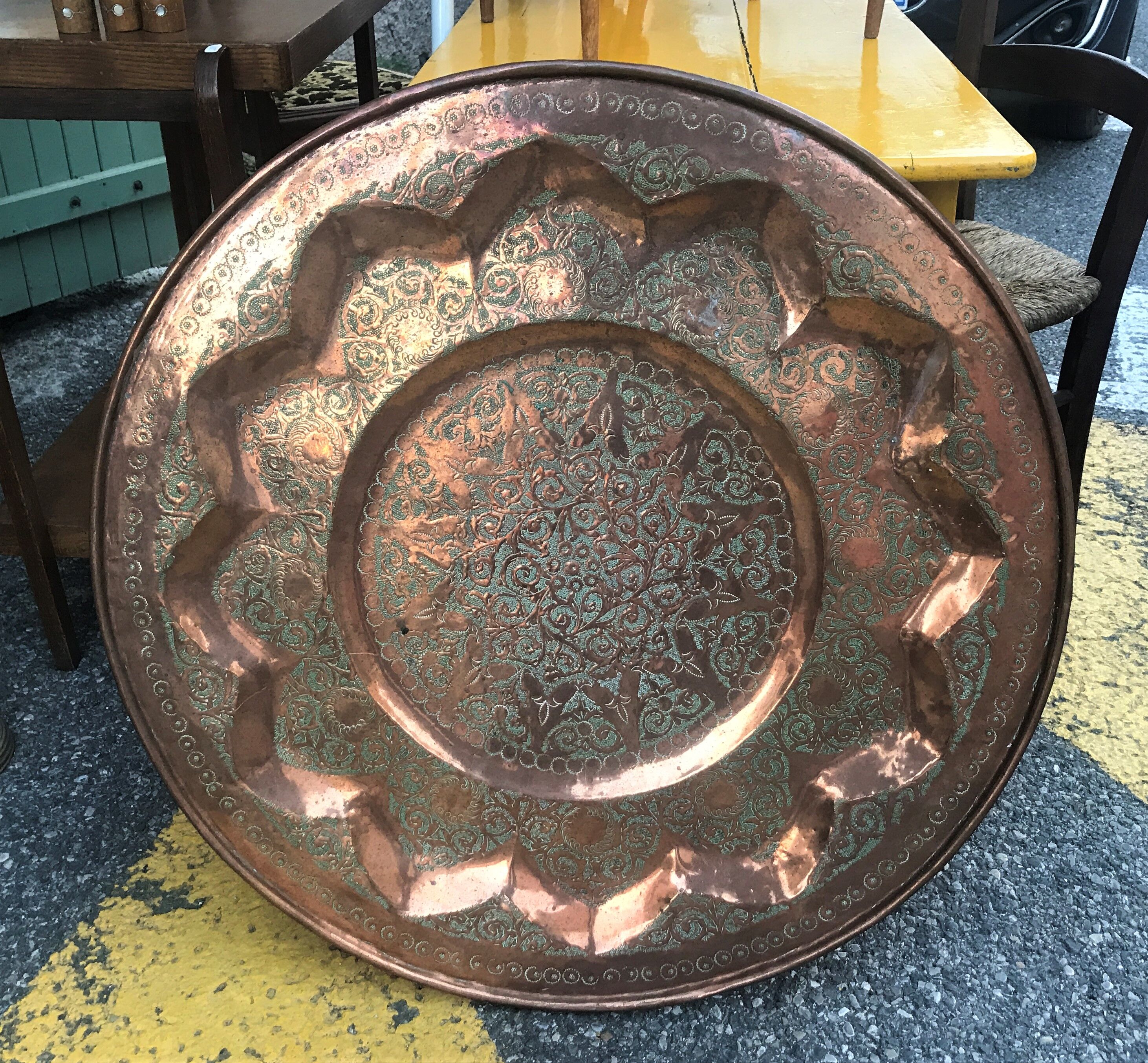 Moroccan copper table on wooden base