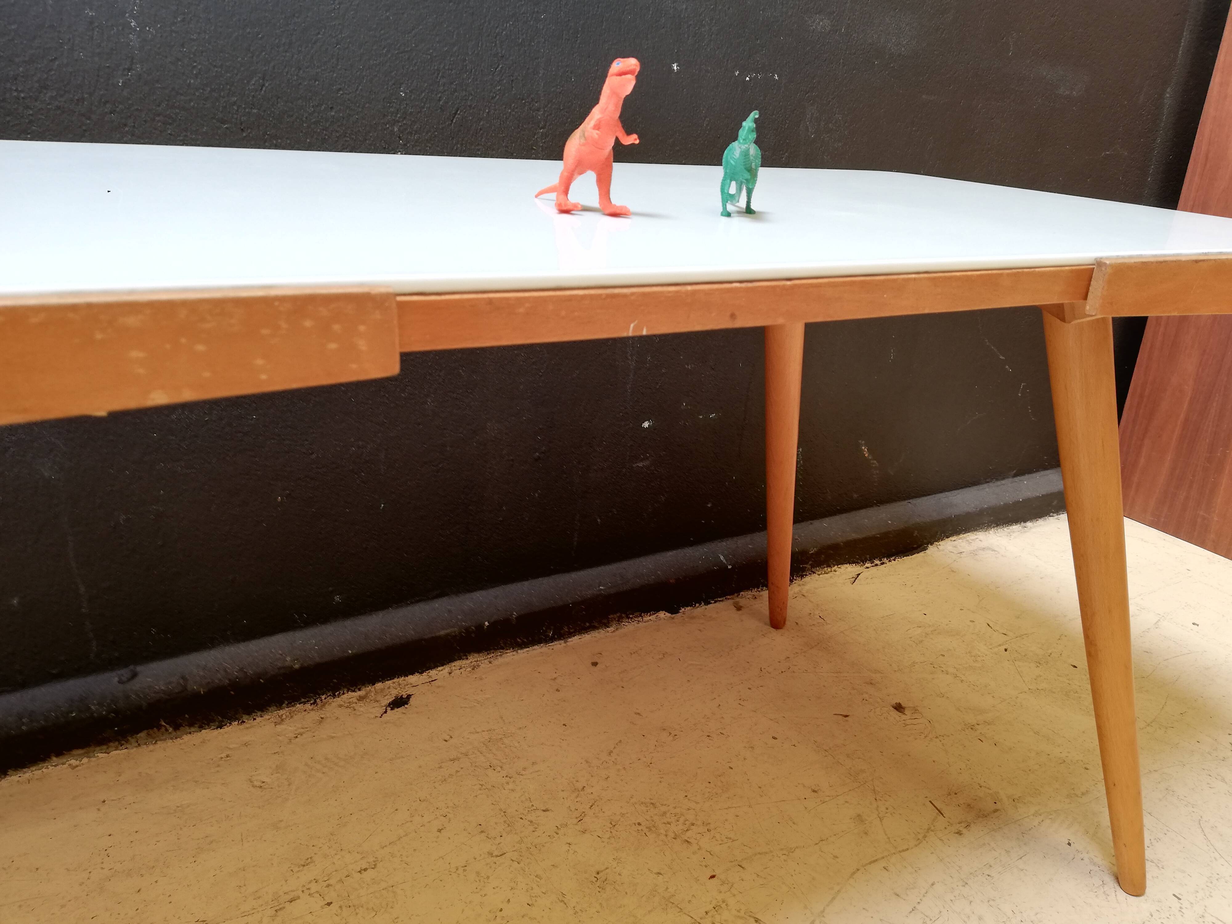 Wooden coffee table, children's desk glass top, interier praha, 1960, Czechoslovakia