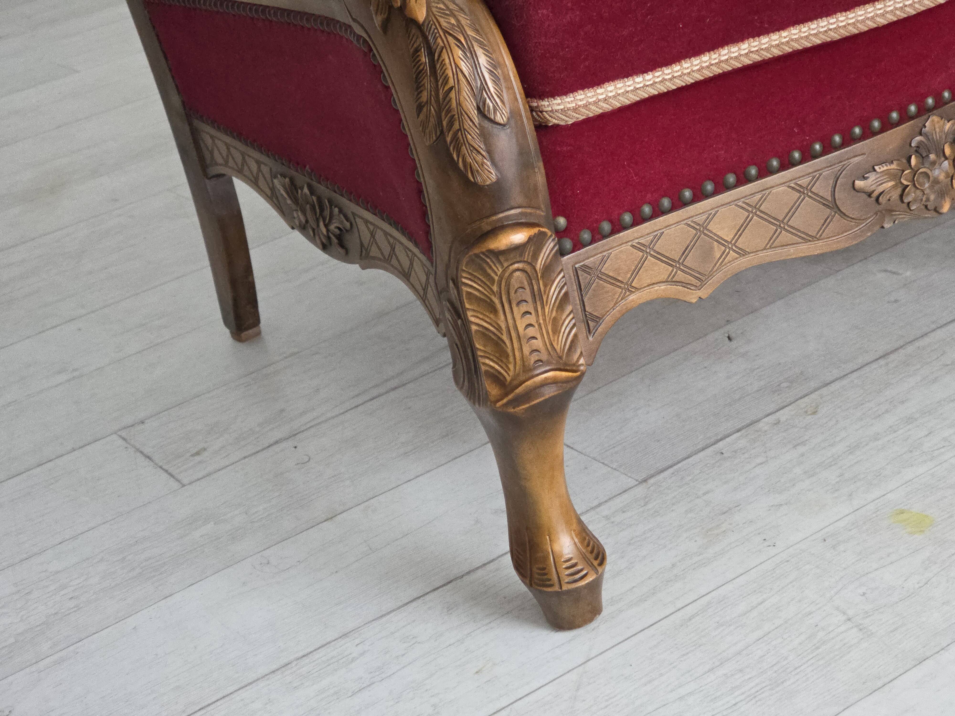 1930s, Danish 3-seater sofa, red furniture velour, furniture mesh.