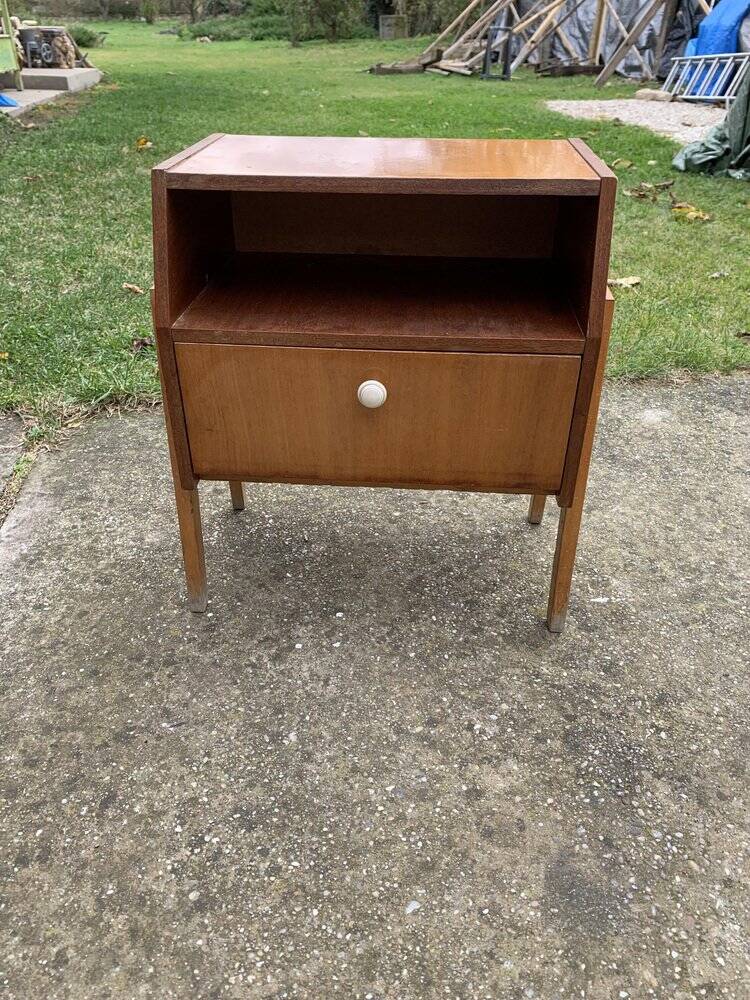 Mid-century brown mahogany bedside table Varia (1950s) with niche and door.