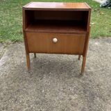 Mid-century brown mahogany bedside table Varia (1950s) with niche and door.