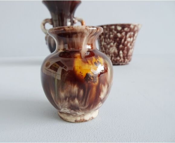 Ceramic set brown 1950s, Jasba vase and flower pot, brown mid century  planters | Selency