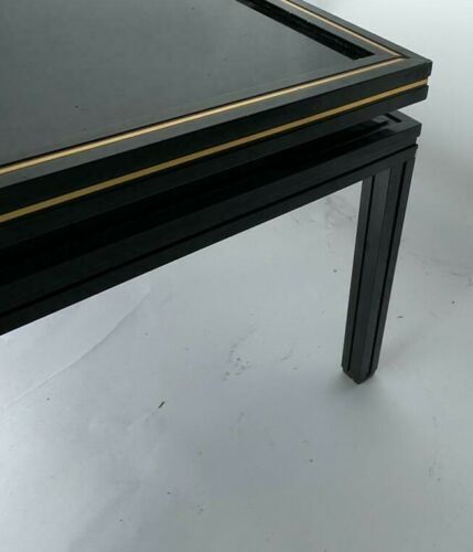 Coffee table laque Pierre Vandel 1980 metal black glass smokes