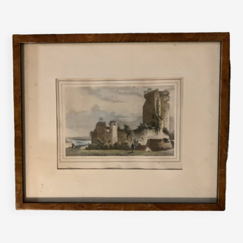 19th century engraving with elm burl frame view of Cuffy in the Loire Valley
