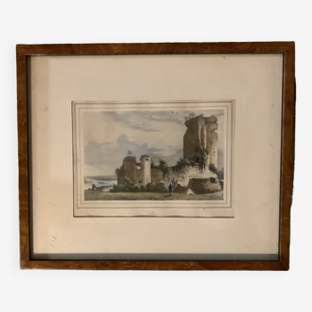 Gravure 19 éme avec cadre en loupe d’orme vue de cuffy en val de loire