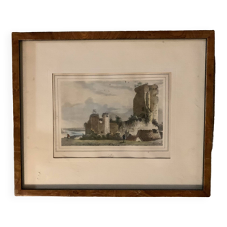 Gravure 19 éme avec cadre en loupe d’orme vue de cuffy en val de loire