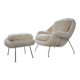 Womb Chair and Ottoman in fluffy white fabric by Eero Saarinen