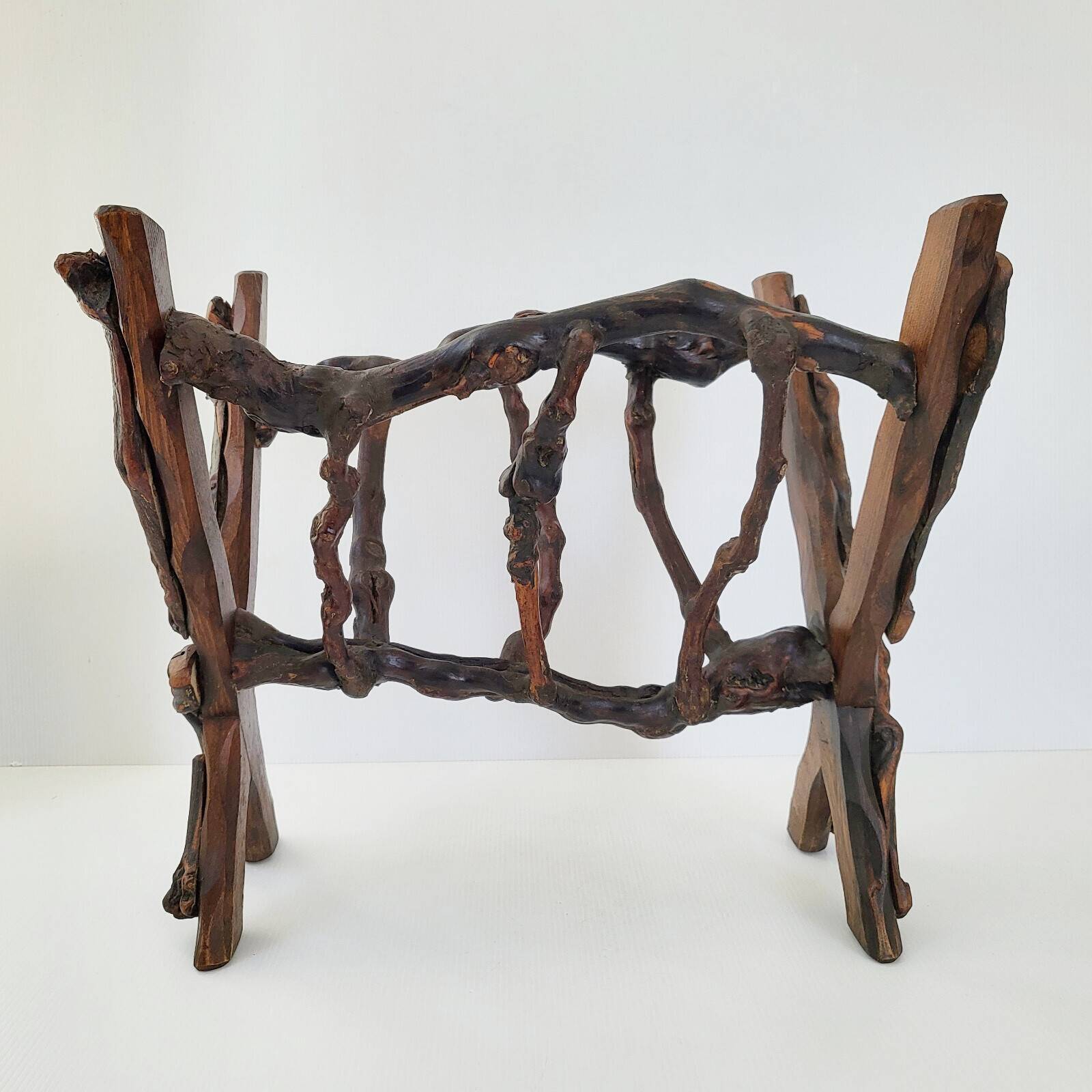 Vintage brutalist magazine rack 1970 wood & vine branch 70s 1970s year