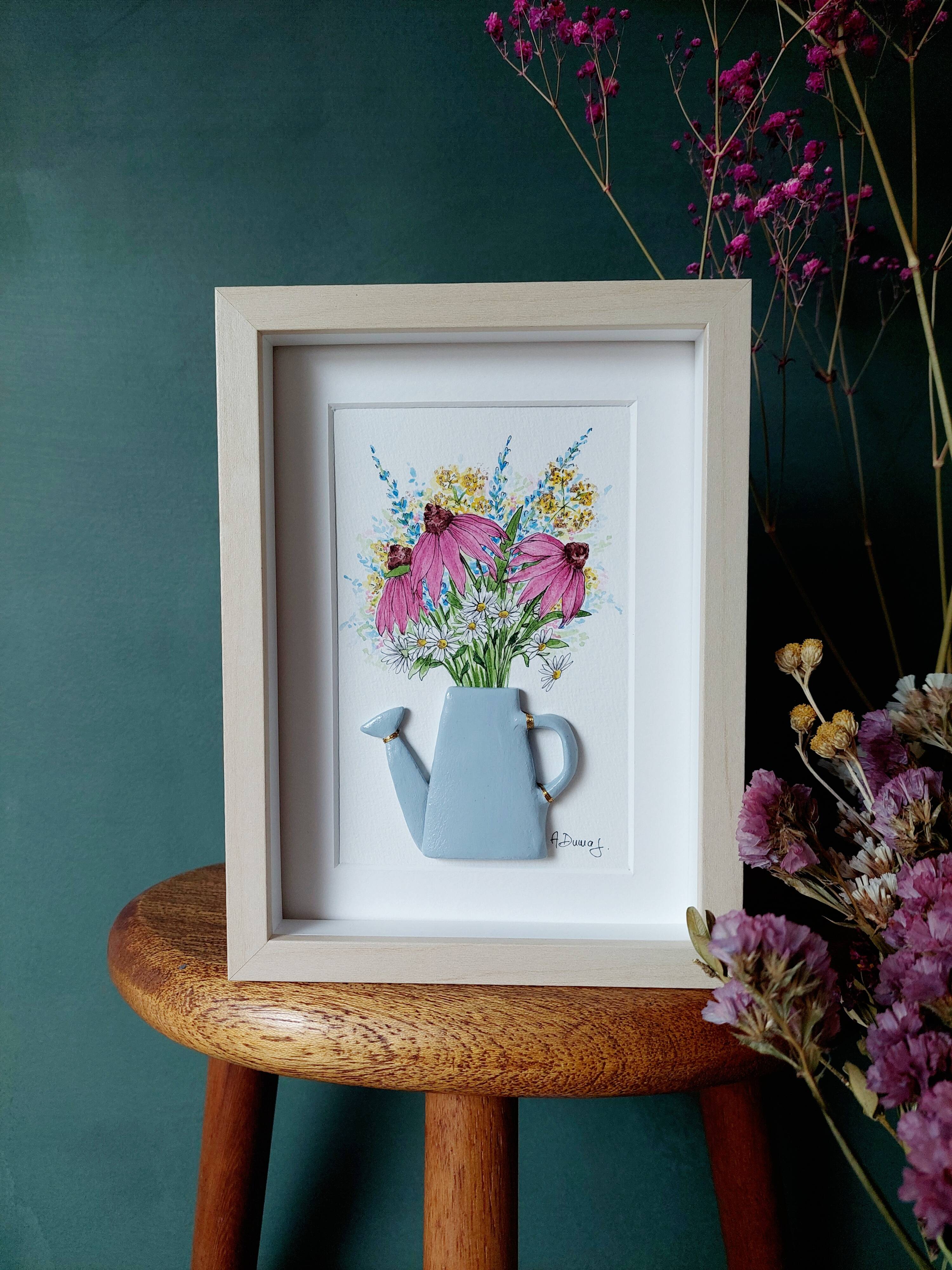 Composition of a bouquet of watercolor garden flowers in a handmade clay watering can
