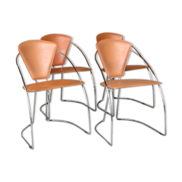 Lot 4 chair leather chrome metal legs | Selency