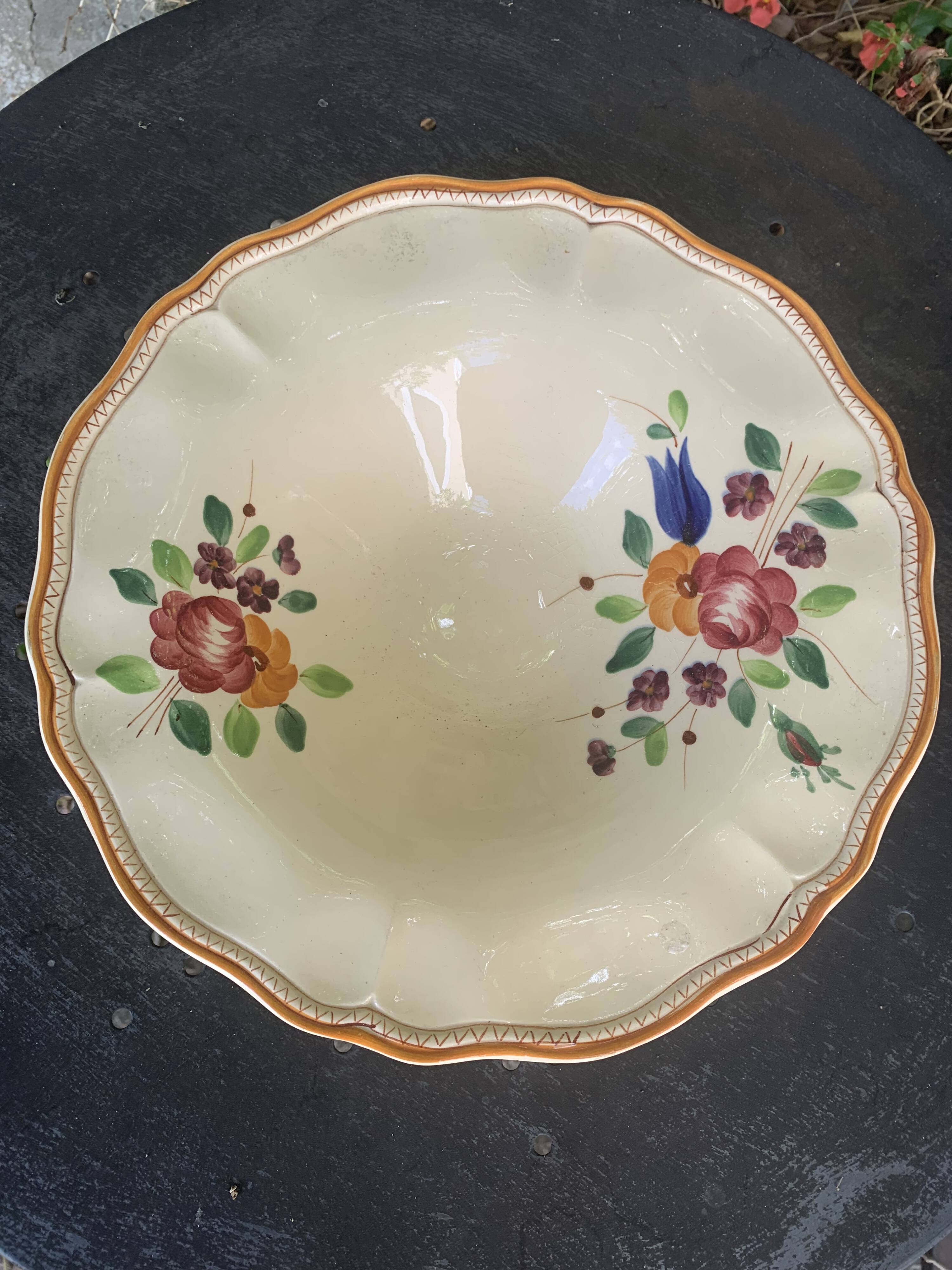 Earthenware fruit bowl with hand-painted flowers, old