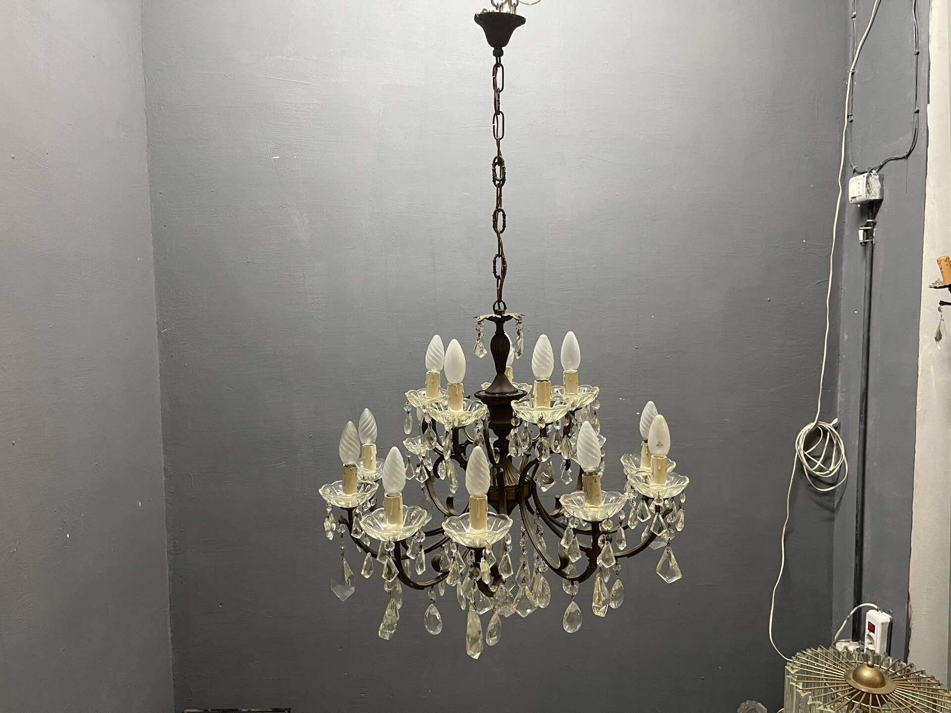 Vintage Bronze & Crystal Chandelier, 15 Lights, 1950s